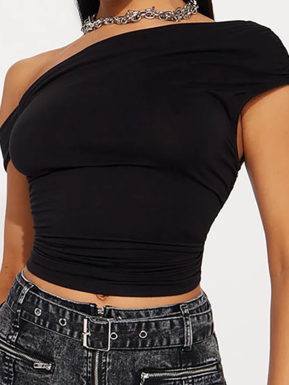 Fashion Nova top Black One-Shoulder Ruched Crop Top - Women